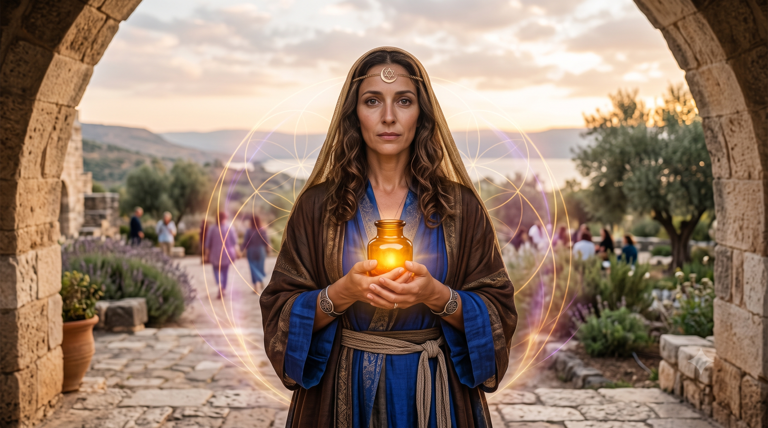 Representación de María Magdalena sosteniendo una vasija de luz rodeada por un halo geométrico, simbolizando la energía femenina sagrada y el liderazgo espiritual.